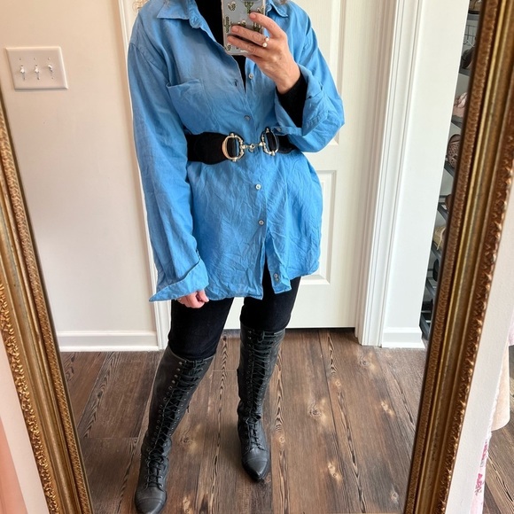 Blue pure linen button down shirt Joseph and Lyman Italian linen size large - Picture 2 of 10